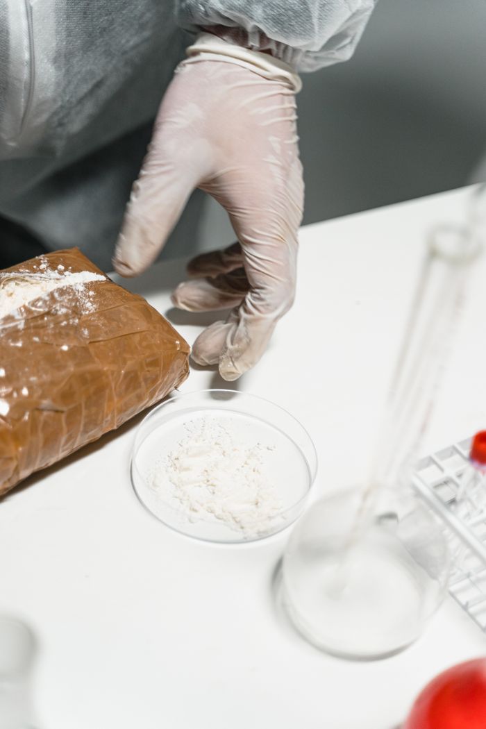 About Close-up of a scientist's gloved hand with a powder sample in a laboratory setting.